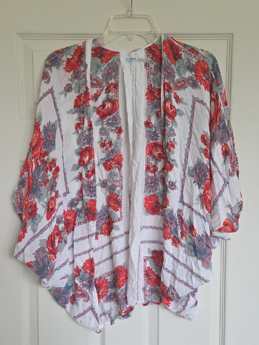 Kimchi Blue White Open-Front Floral Kimono Sweater with Red and Gray Flowers